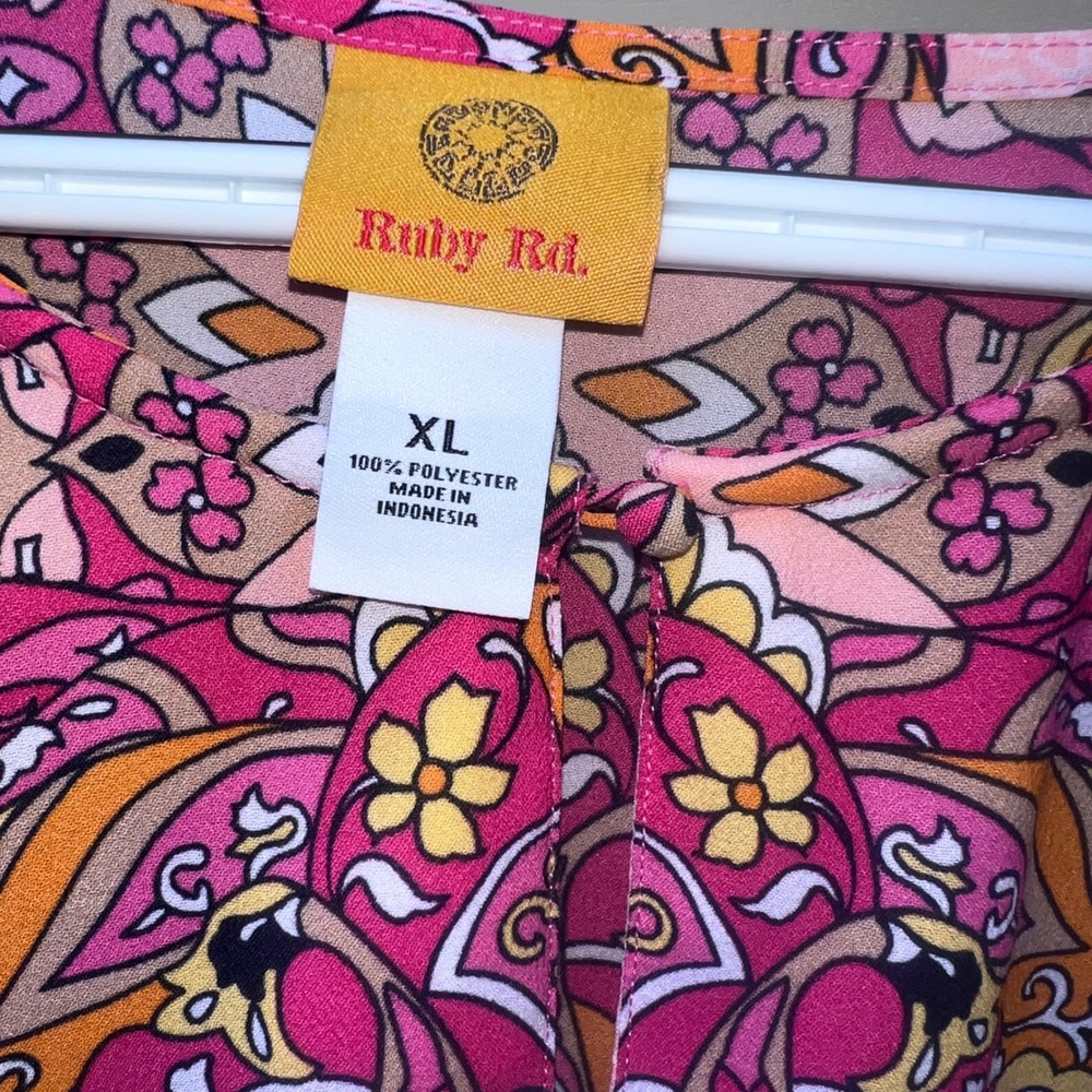 Ruby Rd Pink Orange Paisley Medallion Kimono Sleeve Blouse relaxed lightweight - Picture 3 of 5